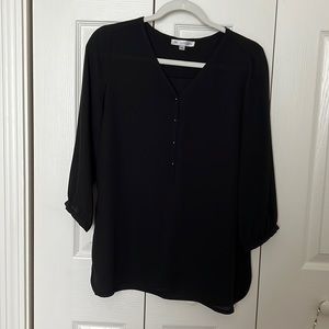 De Collection, v neck blouse, medium, black with gold buttons